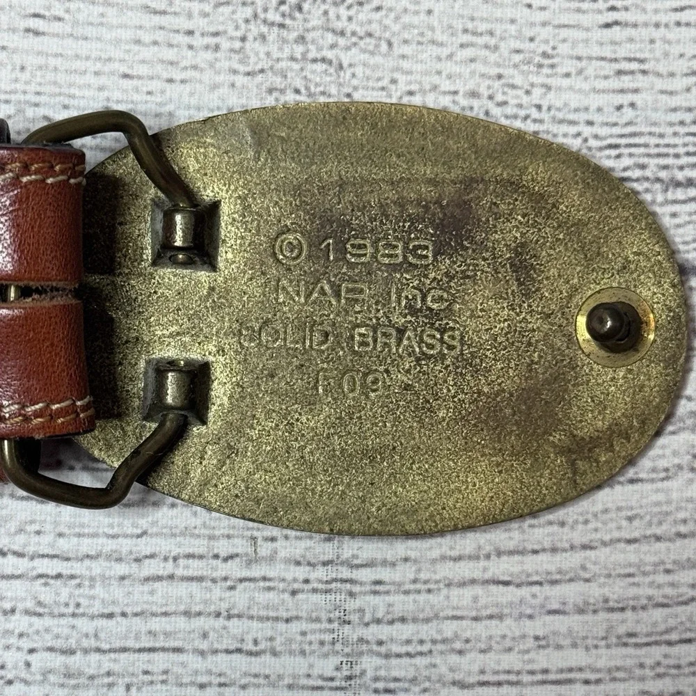 LEEGIN Brown Leather Belt Men's Size 36 Vintage Brass Budweiser Belt Buckle
